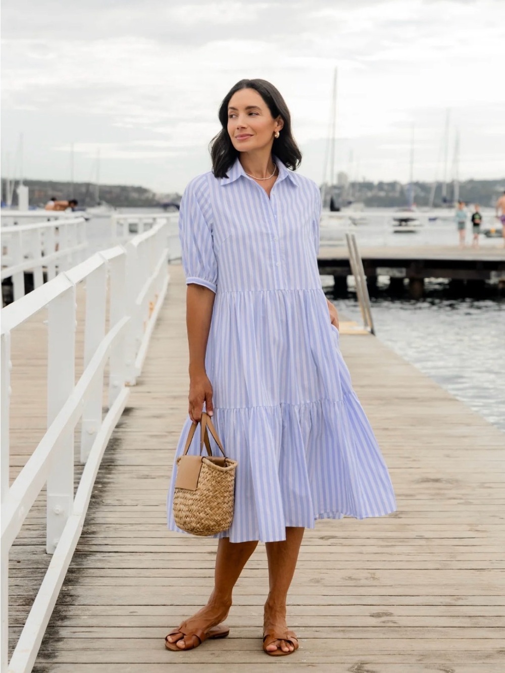 MAYE Striped Blue Tiered Shirt Dress - Lightweight Summer Midi